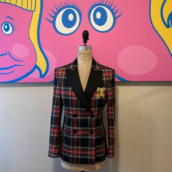 Moschino Couture! Tartan Plaid Red Black Wool Double Breasted Jacket